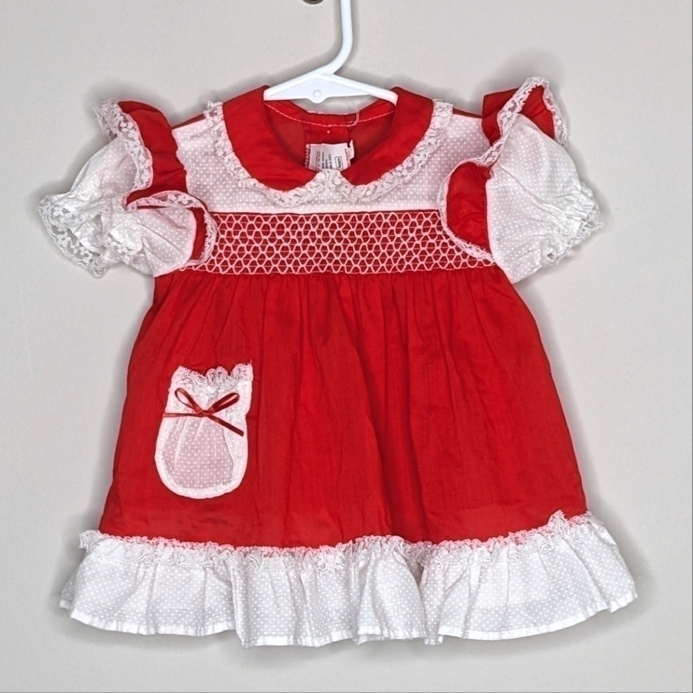 Vintage Sears Red White Dress Smocking 9m
